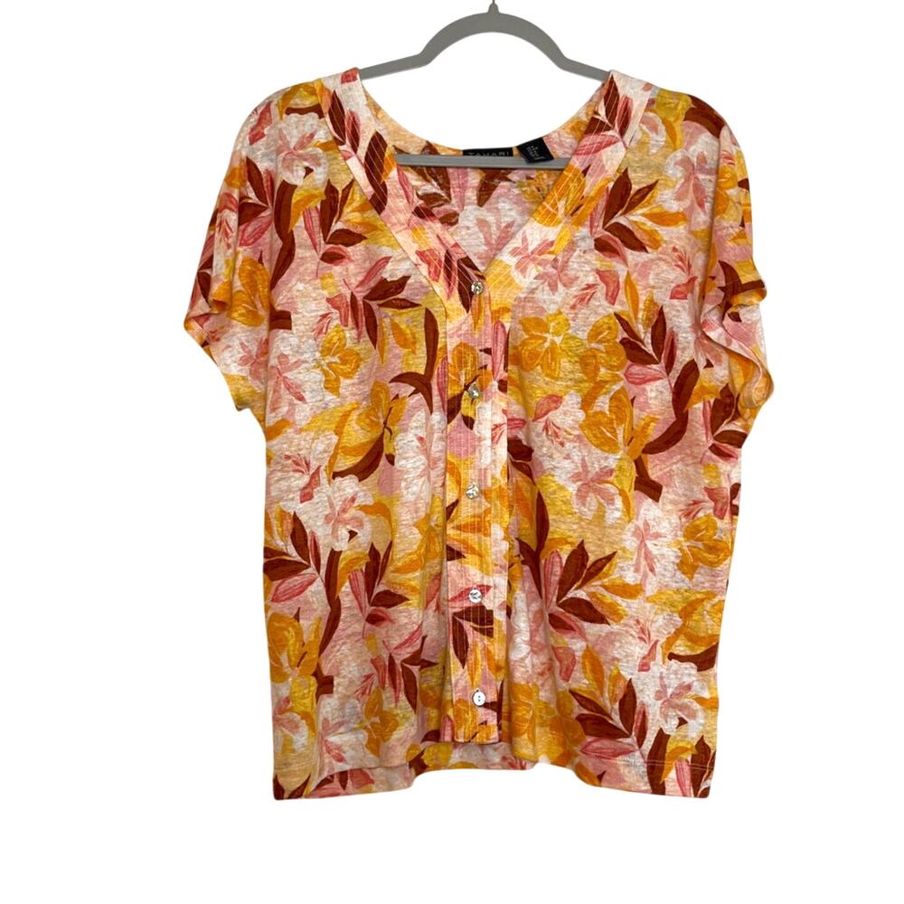 Tahari 100% Linen Button Front Floral Short Sleeve Blouse Size Medium Beach Boxy